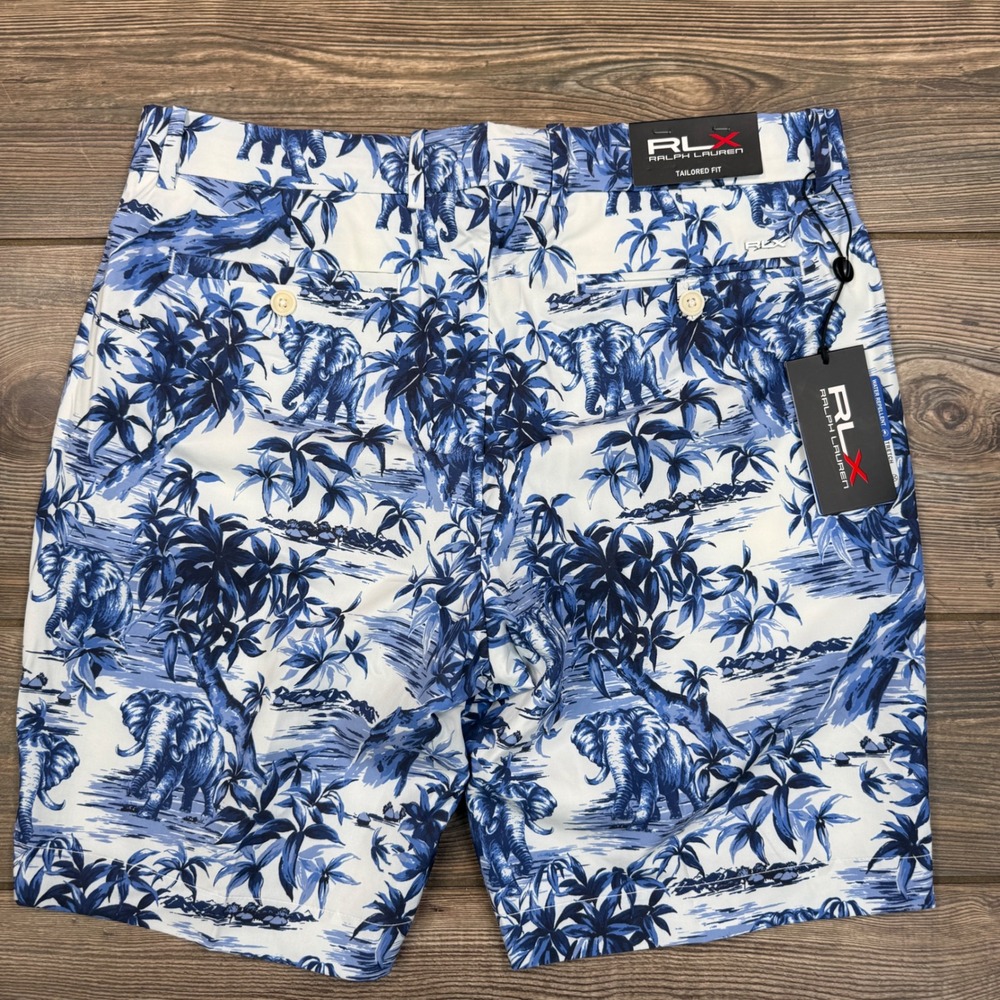 RLX Ralph Lauren Mens Golf Shorts Size 32 Tailored Blue White Elephant Print New - Picture 6 of 8